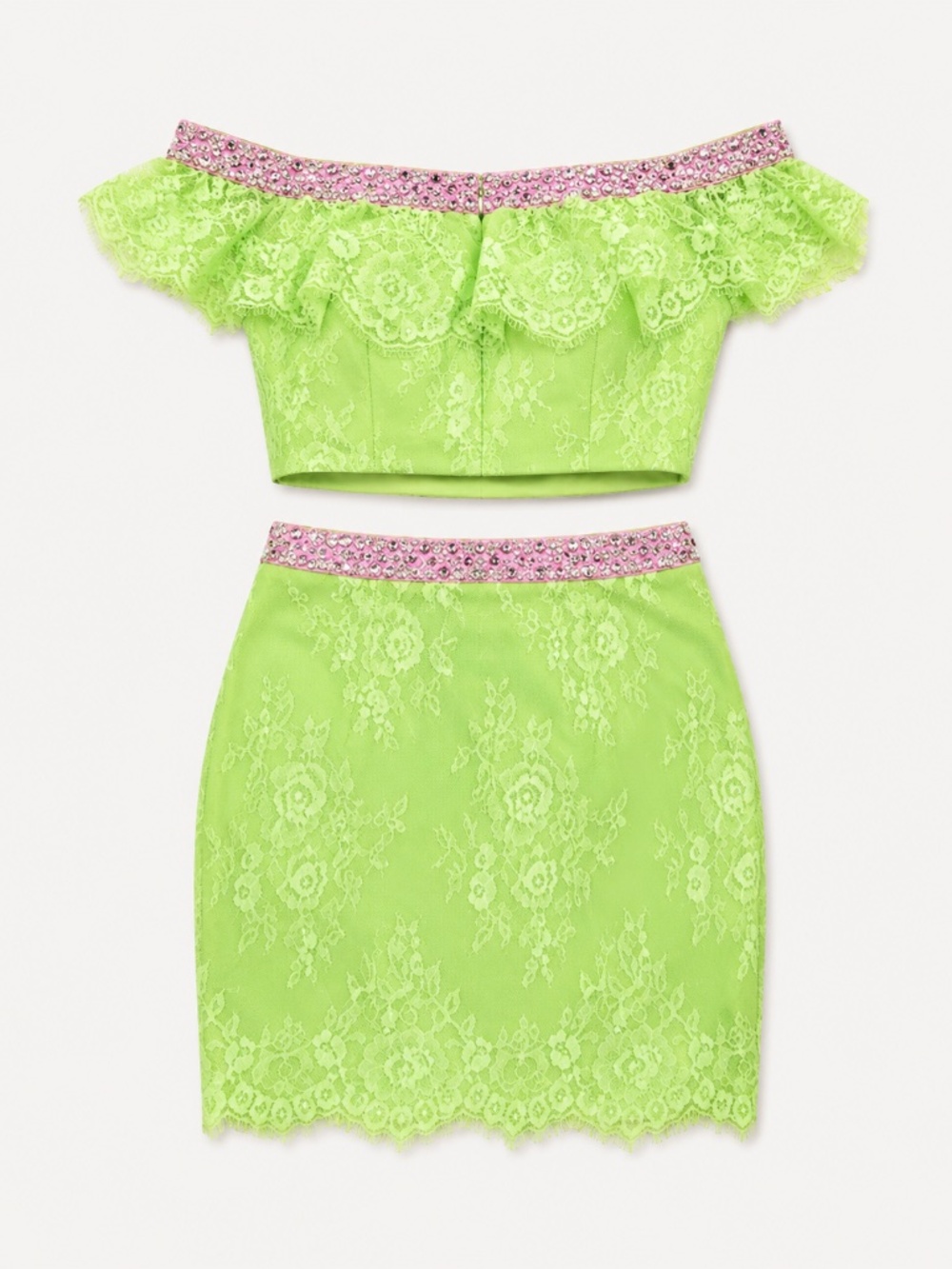 Lime Green Lace Two Pieces set off shoulder crop top & mini with Rhinestones. - Picture 4 of 6